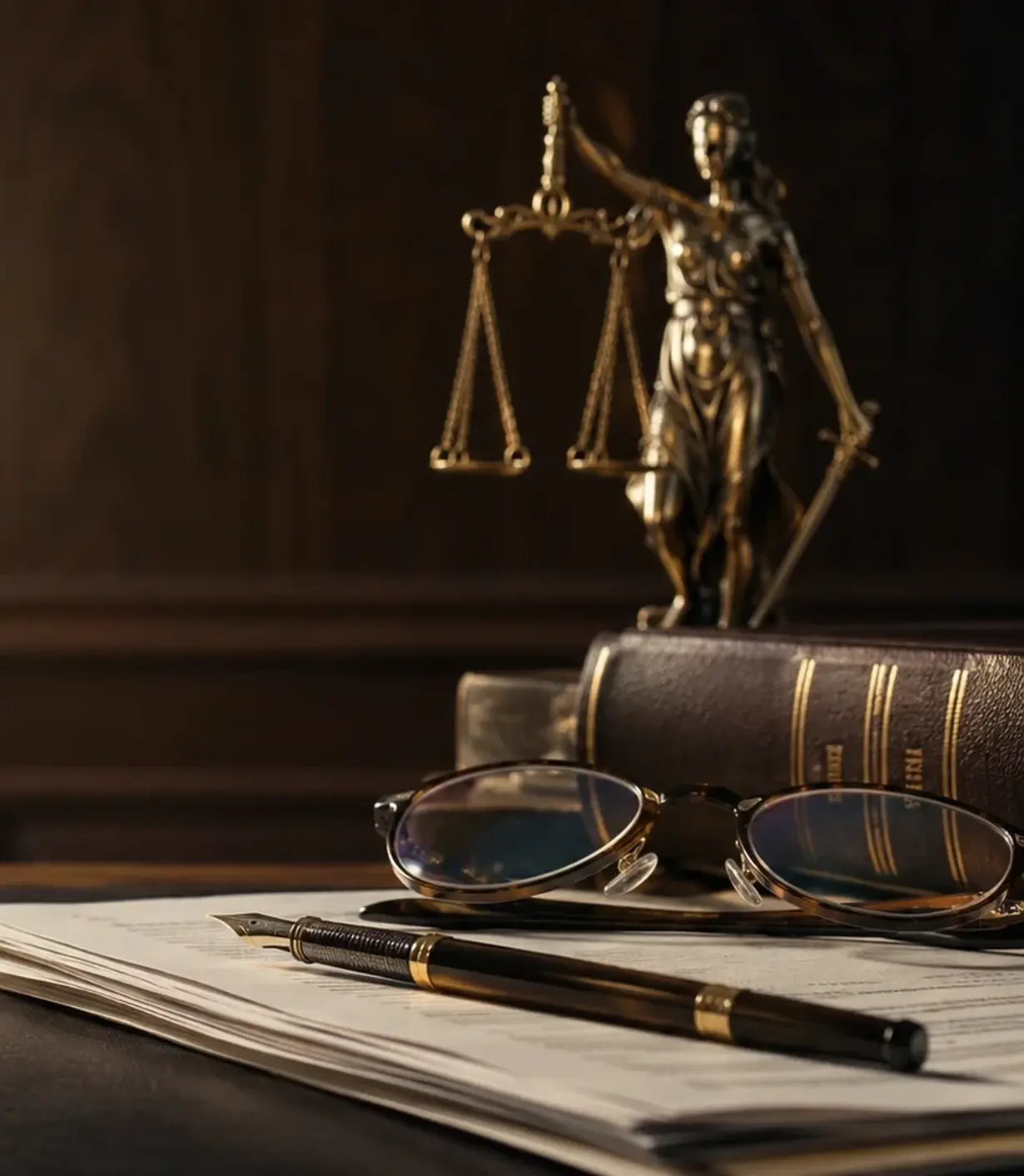Símbolo da Justiça, documentos e caneta em composição institucional